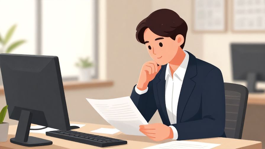 Illustration of a professional-looking person in business attire, thoughtfully analyzing documents in an office with soft lighting