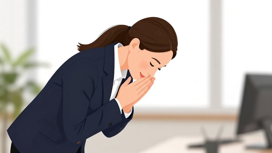 Illustration of a professional person bowing politely with a gentle smile, soft indoor office background
