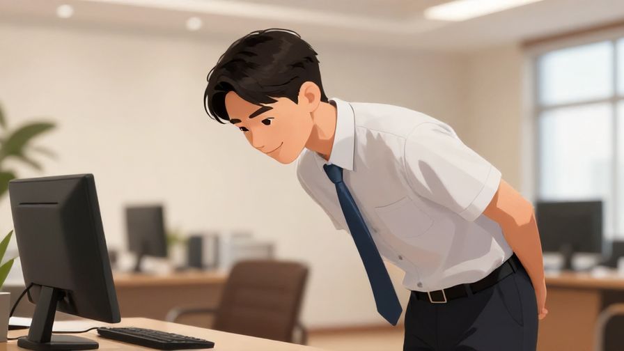 Illustration of a professional person bowing slightly with a confident smile, elegant office background