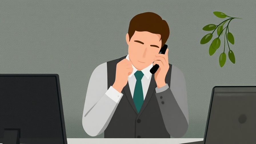 Illustration of a professional person bowing slightly while on the phone, with a serene office background, soft dots and olive branches