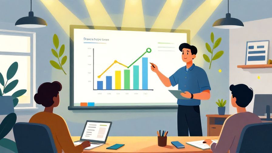 Illustration of a professional person confidently presenting a glowing chart in a modern office, surrounded by olive branches and light rays, vibrant colors, illustrated style