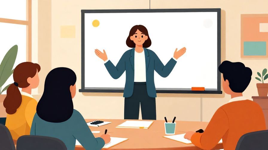 Illustration of a professional person confidently presenting ideas during a meeting, with attentive listeners, vibrant colors, illustrated style