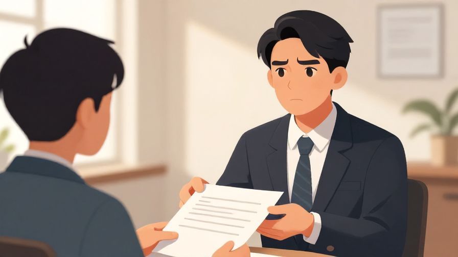 Illustration of a professional person handing over a document with a serious but kind expression, office environment with soft lighting