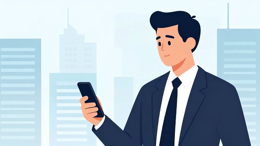 Illustration of a professional person holding a phone, looking focused, with cityscape in the background