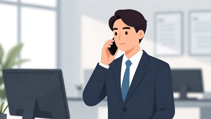 Illustration of a professional person in business attire speaking on the phone politely in an office setting, calm and organized background