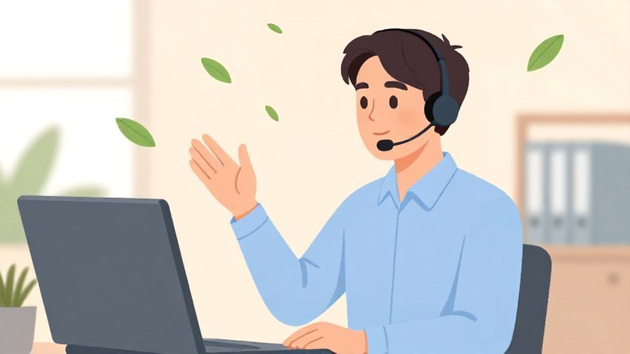Illustration of a professional person on a headset gently gesturing to wait, with a soft pastel office background and floating leaves