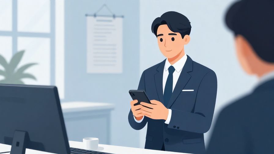 Illustration of a professional person politely holding a phone in an office setting, calm blue tones