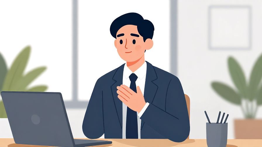 Illustration of a professional person politely speaking with a calm expression, office background with a window and plants, illustrated style