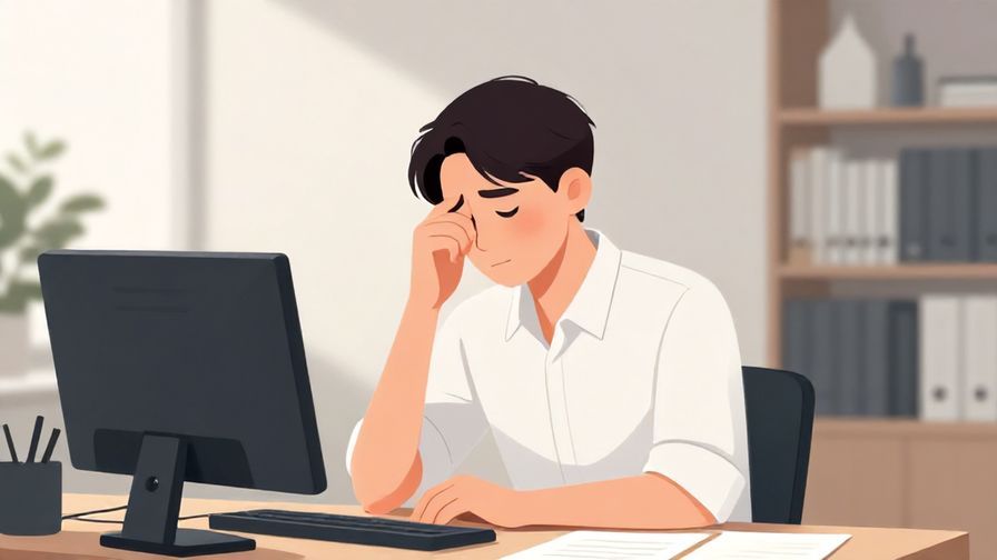 Illustration of a professional person sitting at a desk looking exhausted but composed, soft lighting, calm office background