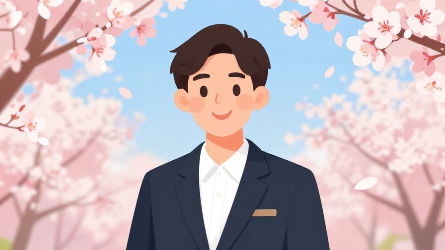 Illustration of a professional person smiling with a background of cherry blossoms and blue skies, elegant colors