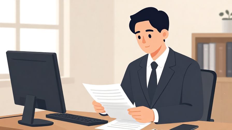 Illustration of a professional person thoughtfully reviewing documents, formal office setting
