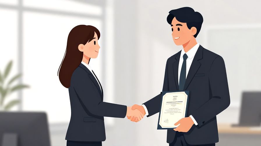 Illustration of a professional receiving a handshake and a certificate in an office, smiling confidently