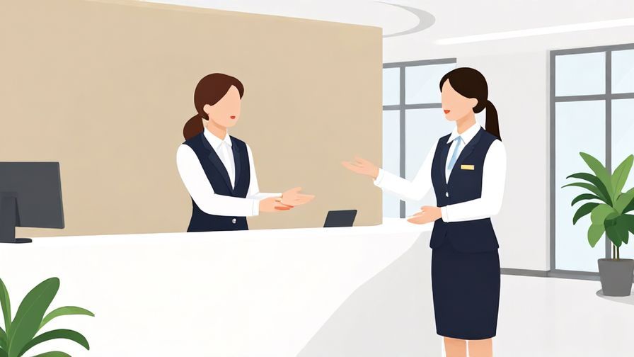 Illustration of a professional receptionist politely gesturing to wait, inside a clean, modern office lobby