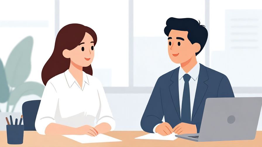 Illustration of a professional setting, two colleagues talking politely with respectful expressions, modern office background, clean bright colors