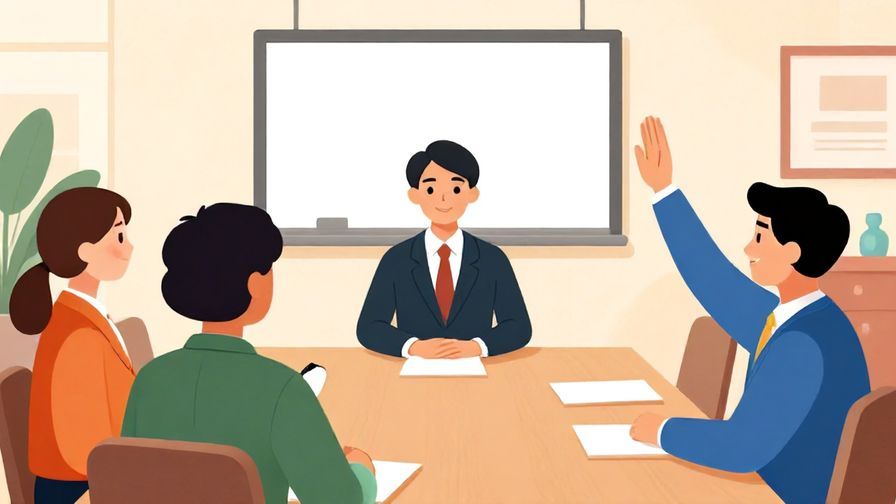 Illustration of a professional setting with a person raising a hand politely in a meeting room, formal atmosphere, vibrant colors