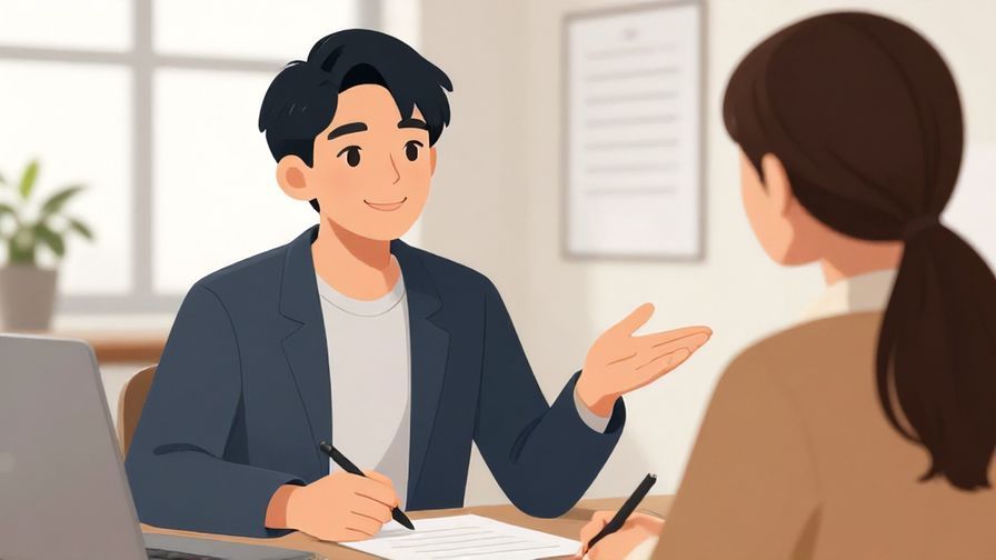 Illustration of a professional setting with a smiling person gently suggesting encouragement to another, with a calm office background
