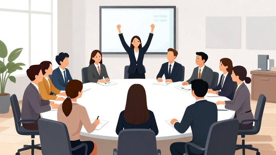 Illustration of a professional team pausing work at a conference table, some stretching, bright office setting, illustrated style