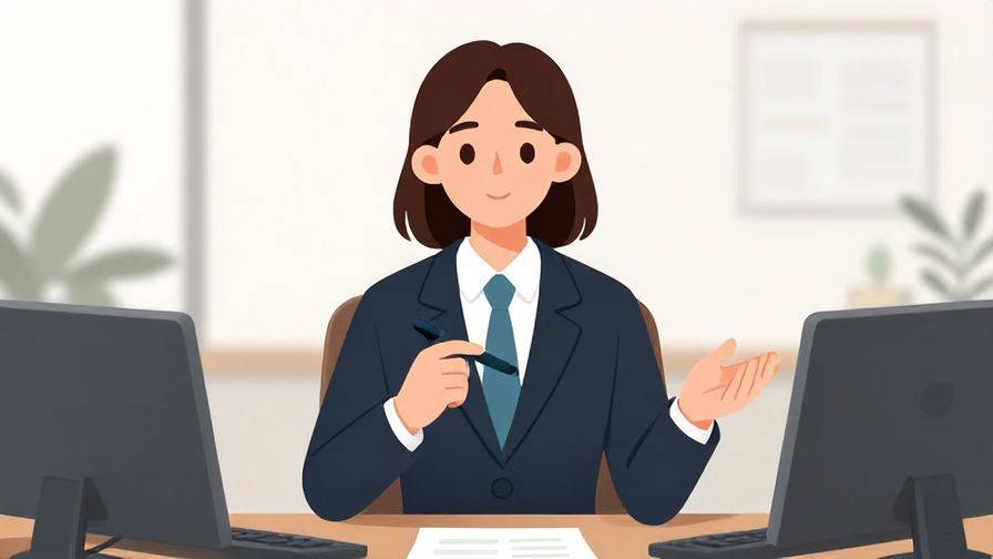 Illustration of a professional wearing business attire, politely but firmly speaking in an office setting, calm background, illustrated style