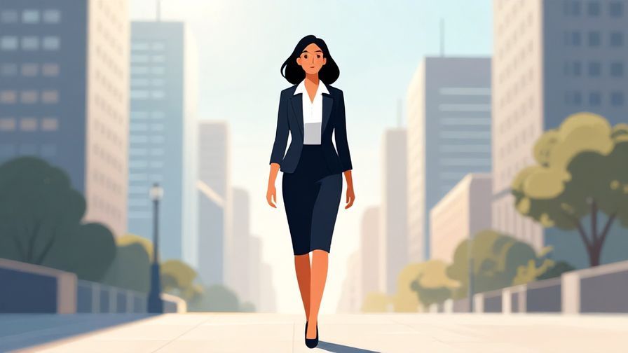 Illustration of a professional woman confidently walking forward in a cityscape, bright morning sun