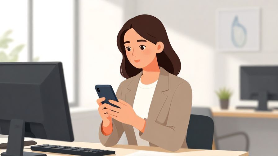 Illustration of a professional woman politely holding a smartphone, sitting in a bright office, calm focused expression