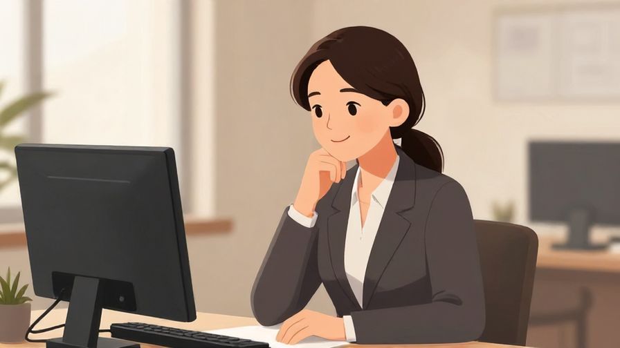Illustration of a professionally dressed person smiling gently in an office setting, soft lighting, calm atmosphere