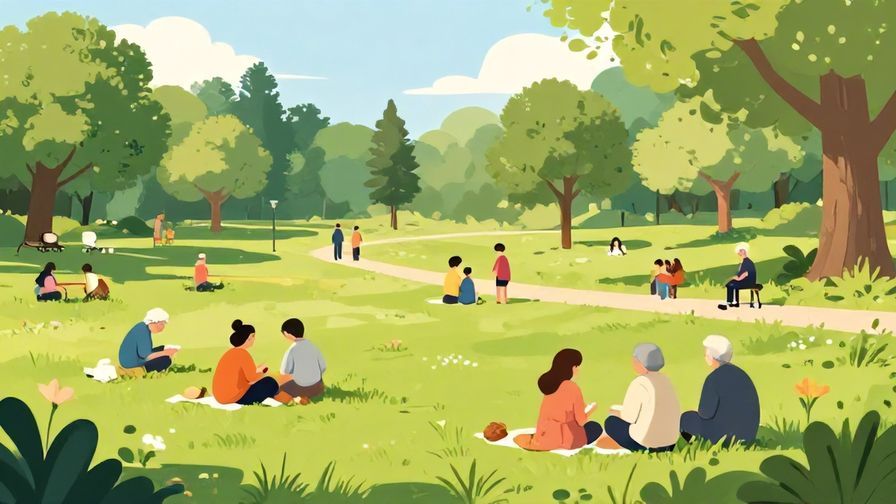 Illustration of a public park with families and elderly people enjoying a sunny day, peaceful and communal atmosphere