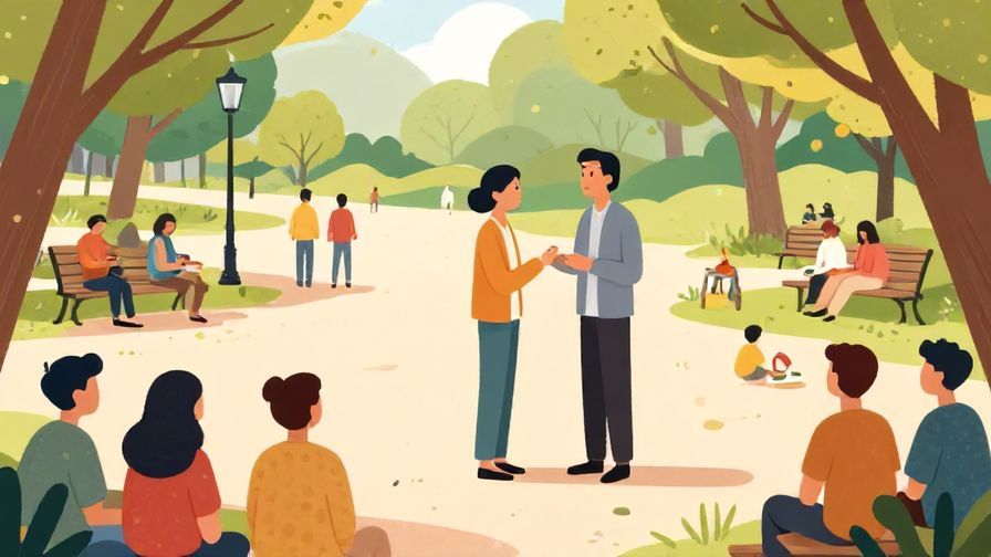 Illustration of a public park with people chatting quietly, a polite person gesturing gently to another, outdoor daytime scene