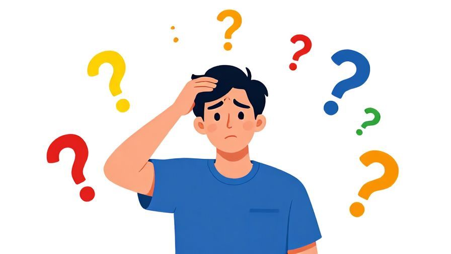 Illustration of a puzzled person scratching their head surrounded by floating question marks, bright colors and cheerful style