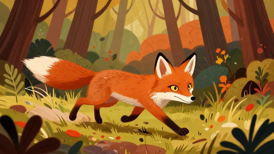 Illustration of a quick-moving fox darting through a forest with alert eyes, vibrant autumn colors, illustrated style