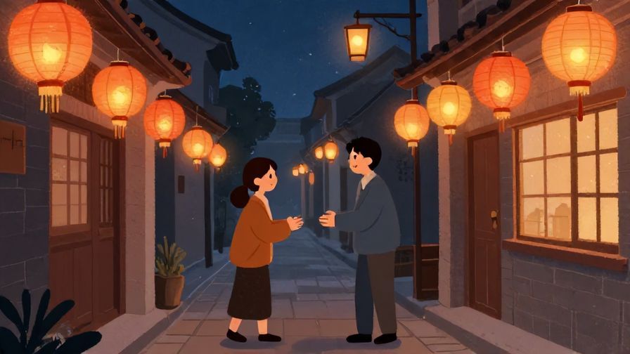 Illustration of a quiet evening street with lanterns glowing softly and a person greeting another with a smile, illustrated style