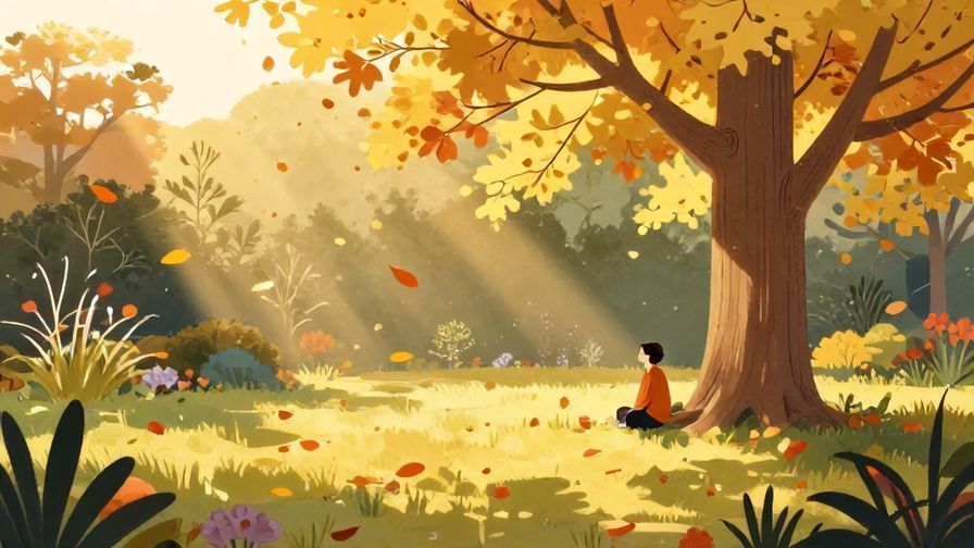 Illustration of a quiet garden with autumn leaves falling, a person sitting peacefully under a tree, soft golden sunlight