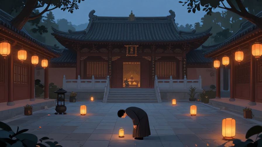 Illustration of a quiet temple courtyard with lanterns lit at dusk, a person bowing in reverence, peaceful and solemn mood