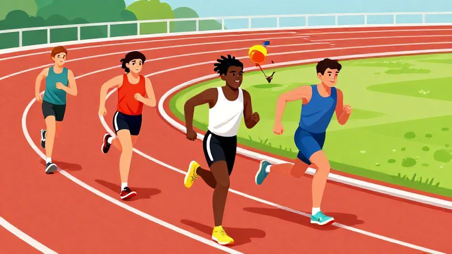 Illustration of a race track with some runners falling behind, determined expressions, vibrant colors