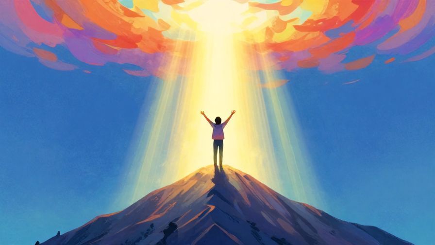 Illustration of a radiant sky opening above a mountain peak, beams of heavenly light shining down on a person with arms raised, vibrant colors, illustrated style