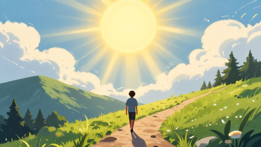 Illustration of a radiant sun breaking through clouds, shining on a peaceful mountain path, with a person looking upwards in awe, vibrant colors