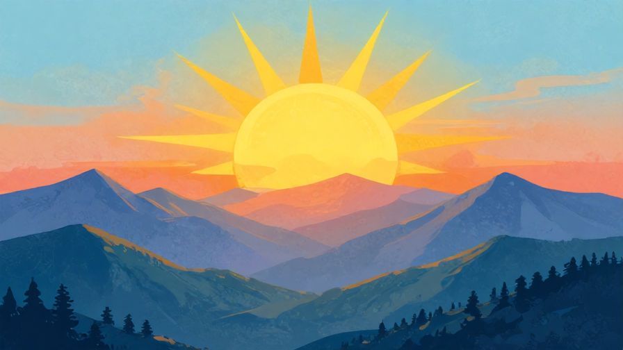 Illustration of a radiant sun rising over distant mountains, symbolizing hope and healing over time, bright vibrant colors, illustrated style
