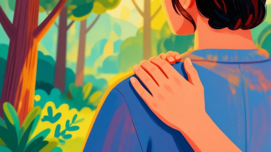 Illustration of a reassuring friend placing a hand on someone’s shoulder, comforting and hopeful mood, vibrant colors, illustrated style