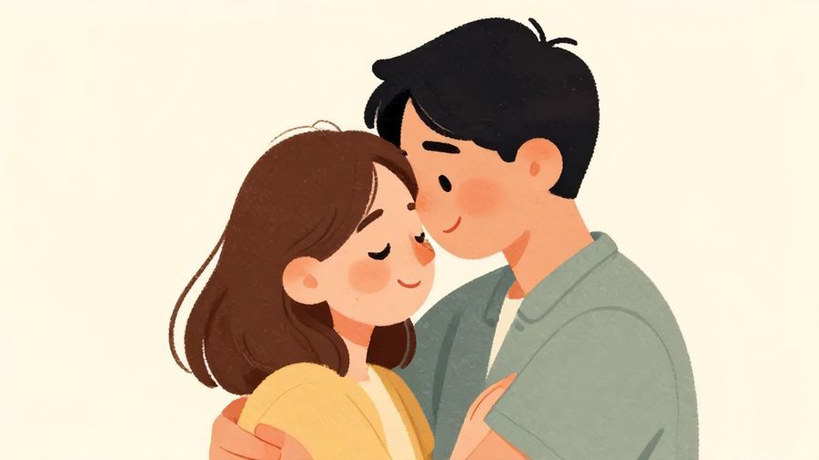 Illustration of a reassuring hug between two people with gentle smiles, soft pastel background, illustrated style