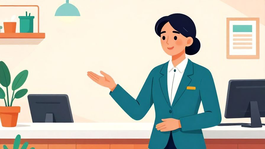 Illustration of a receptionist politely gesturing with a calm smile, modern office background, detailed background, vibrant colors, illustrated style