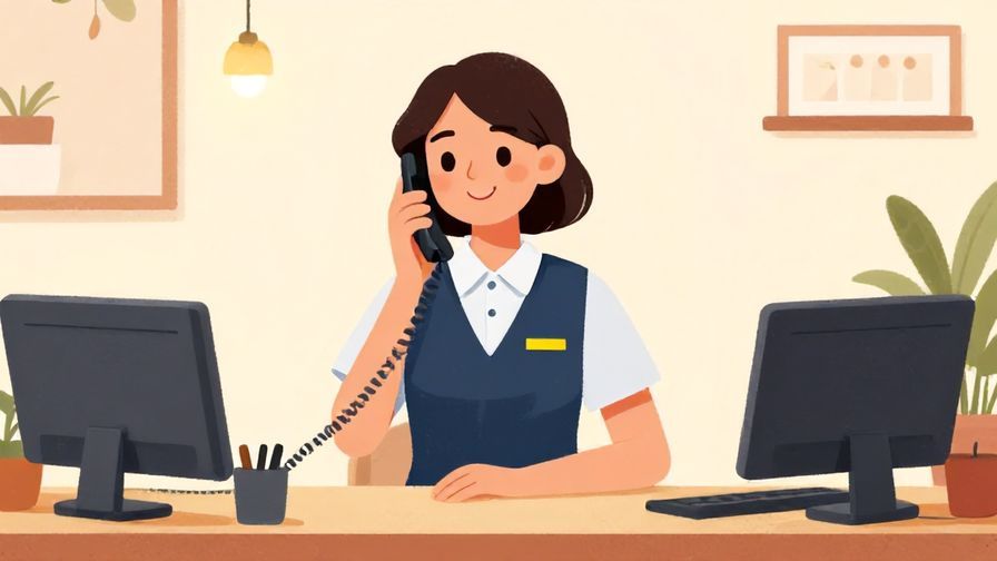 Illustration of a receptionist smiling politely while holding a phone, gentle indoor background with soft lighting, vibrant colors, illustrated style