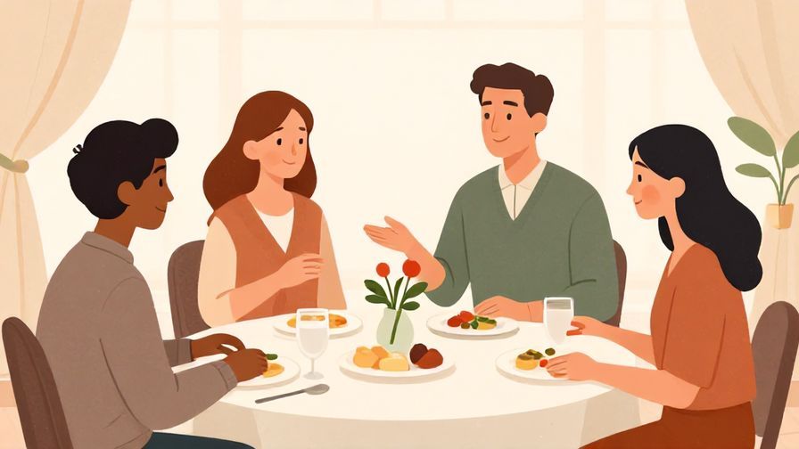 Illustration of a refined social gathering with people exchanging compliments in a serene, elegant setting