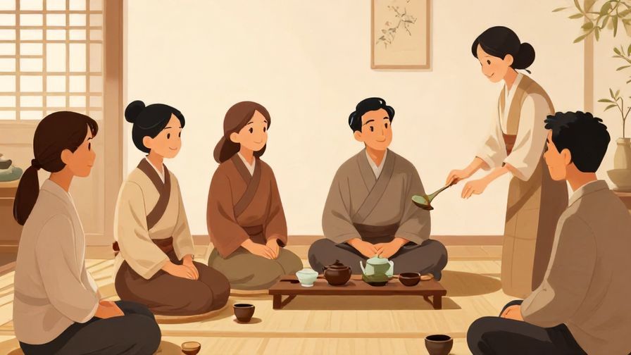 Illustration of a refined tea ceremony setting, guests smiling pleasantly as a new guest arrives, serene environment