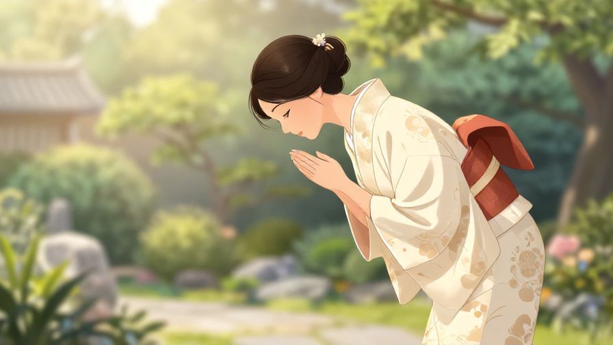 Illustration of a refined woman in traditional kimono gracefully bowing in a serene garden during morning light