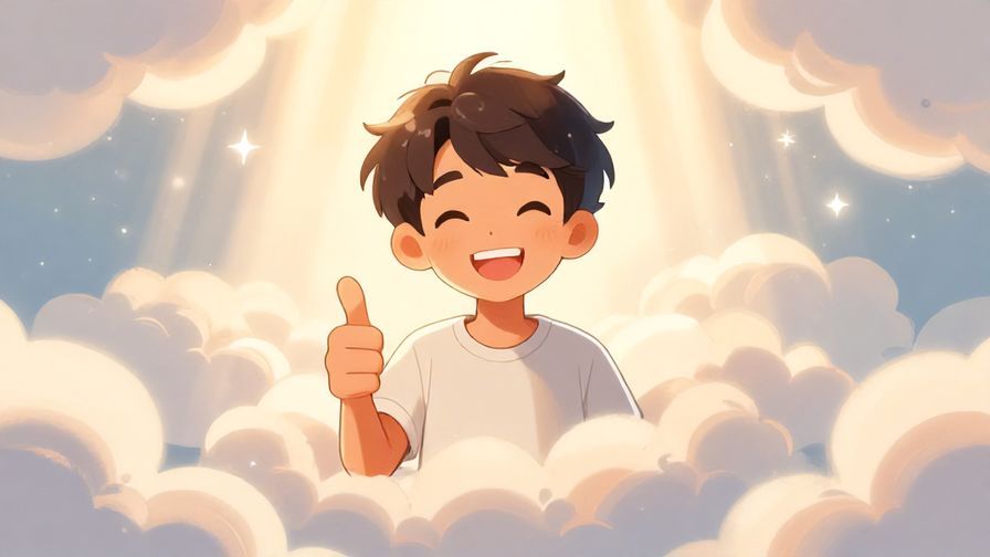Illustration of a relaxed character smiling with a thumbs up, surrounded by soft clouds and light rays