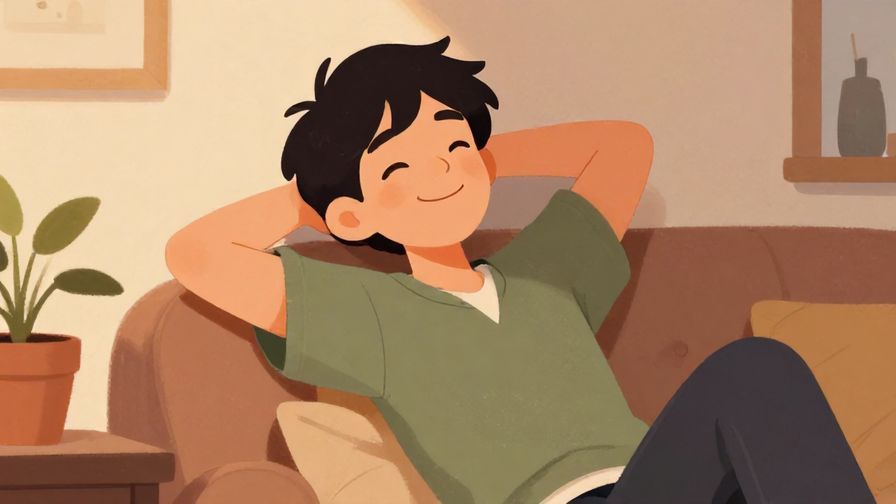 Illustration of a relaxed character with a knowing smile, leaning back calmly in a cozy room, casual vibe