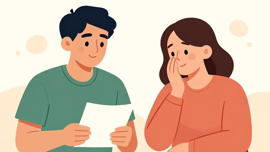 Illustration of a relaxed chat between two friends, one holding a paper, the other nodding, casual warm tones