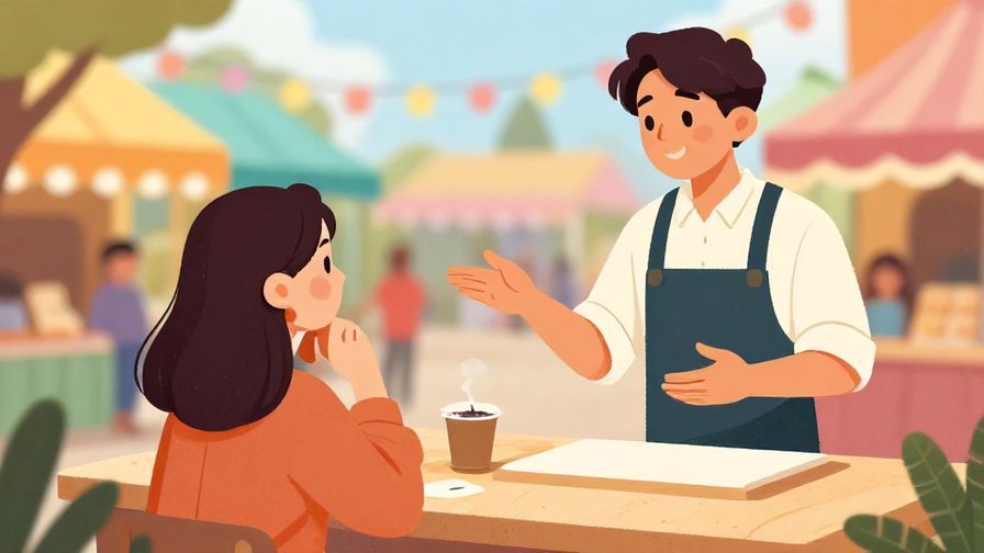 Illustration of a relaxed customer asking a vendor with a gentle smile, colorful fair or festival background
