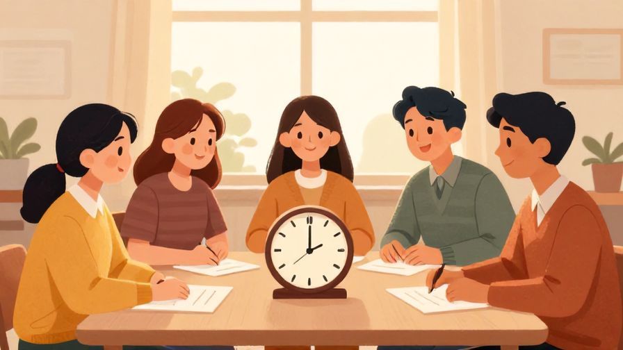 Illustration of a relaxed group sitting around a table with a clock showing late afternoon, soft warm lighting, smiling faces