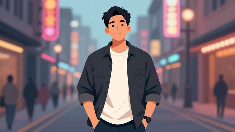 Illustration of a relaxed man with a slight grin, hands in pockets, casual street background with neon lights