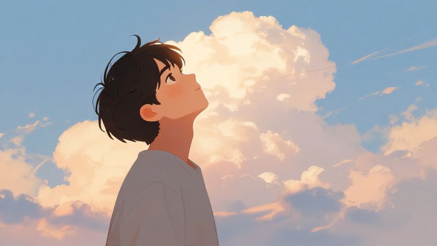 Illustration of a relaxed person gazing dreamily at the sky, soft clouds and warm sunlight